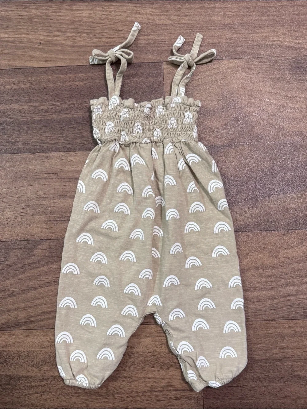 Kids Smocked Strap One-Piece Romper in Beige with White Rainbows
